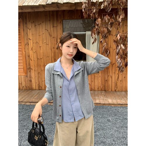老钱风亚麻假两件哺乳针织开衫