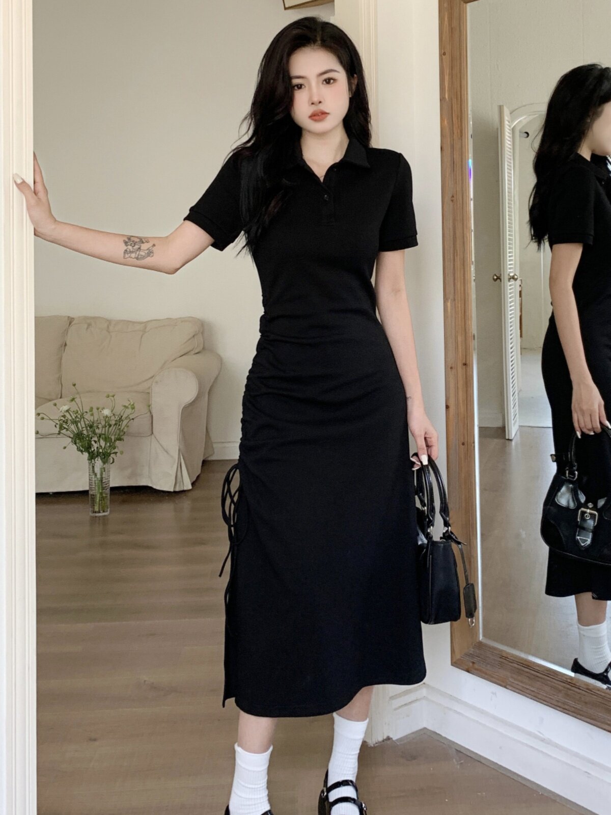 외출시 수유맘을 위한 블랙 폴로원피스 조임끈 허리 슬릿 여름 플러스 사이즈 산후 모유수유 롱원피스