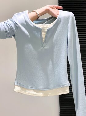 撞色假两件长袖辣妈外出哺乳t恤春装款修身显瘦产后喂奶纯棉上衣