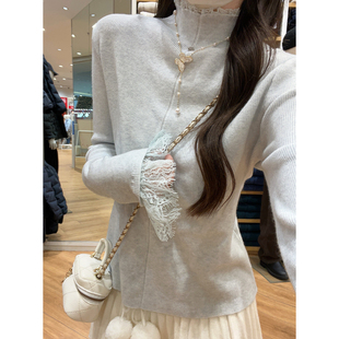 秋冬蕾丝半高领辣妈款外穿哺乳针织衫上衣加厚打底衫产后喂奶毛衣