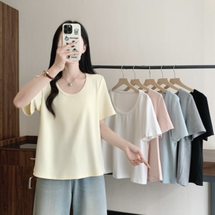 短袖 春夏大码 外出时尚 哺乳装 U领宽松遮肚上衣纯棉产后喂奶T恤 韩版