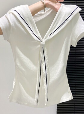 海军领白色正肩短袖辣妈款外出哺乳t恤夏季修身显瘦产后喂奶上衣