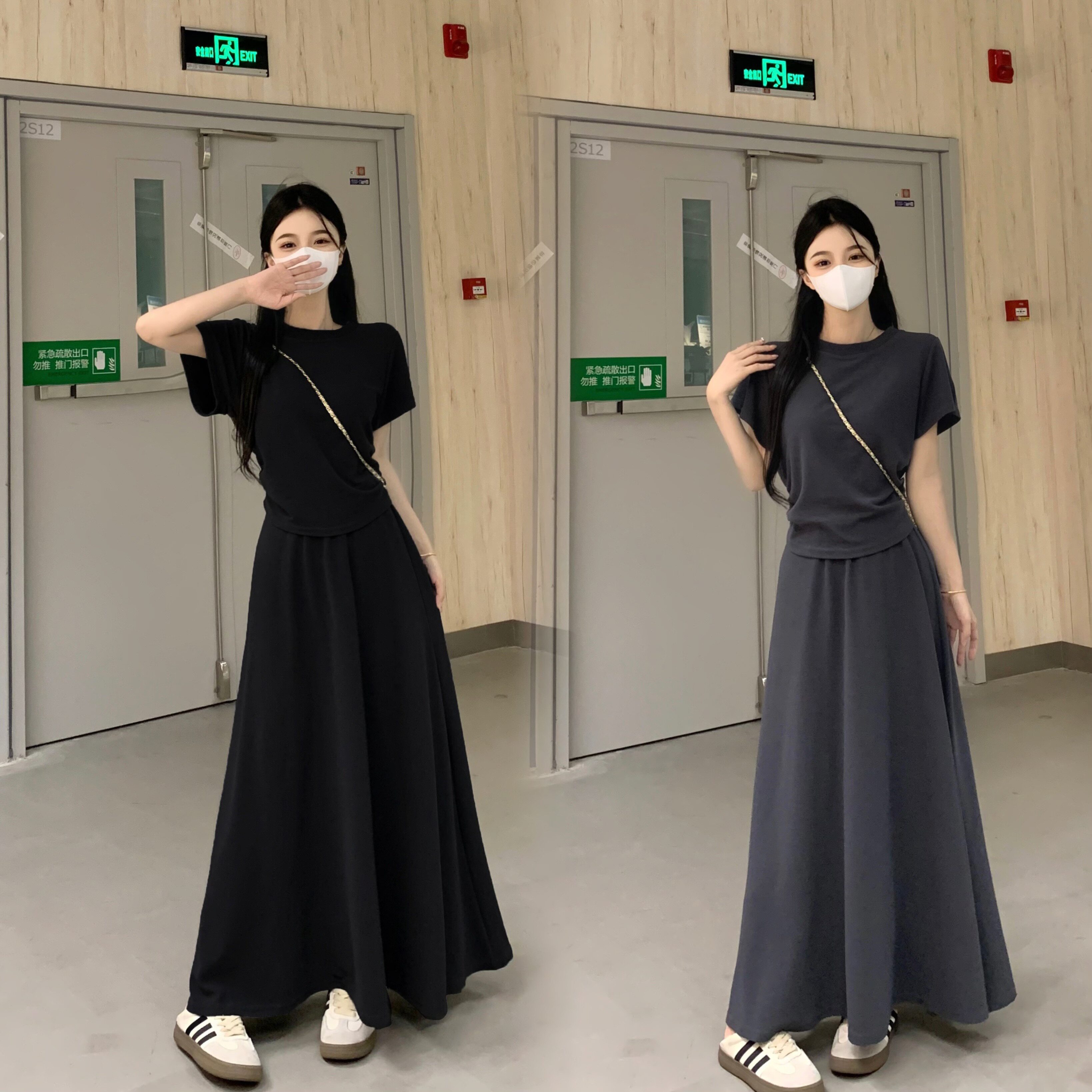 夏季辣妈外出哺乳套装韩版简约短袖T恤上衣半身裙产后喂奶两件套