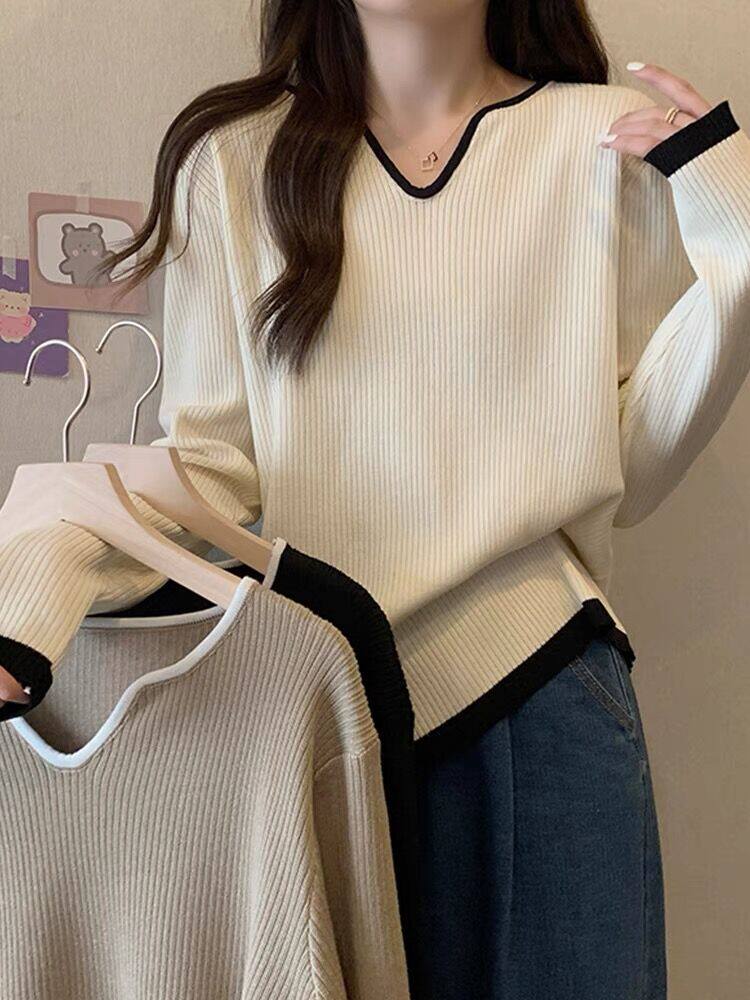 가을 겨울 플러스 사이즈 아웃 앤 아웃 수유 패셔너블 브이넥 스웨터 살을 커버하는 루즈한 산후 수유 스웨터 하의 탑 트렌디