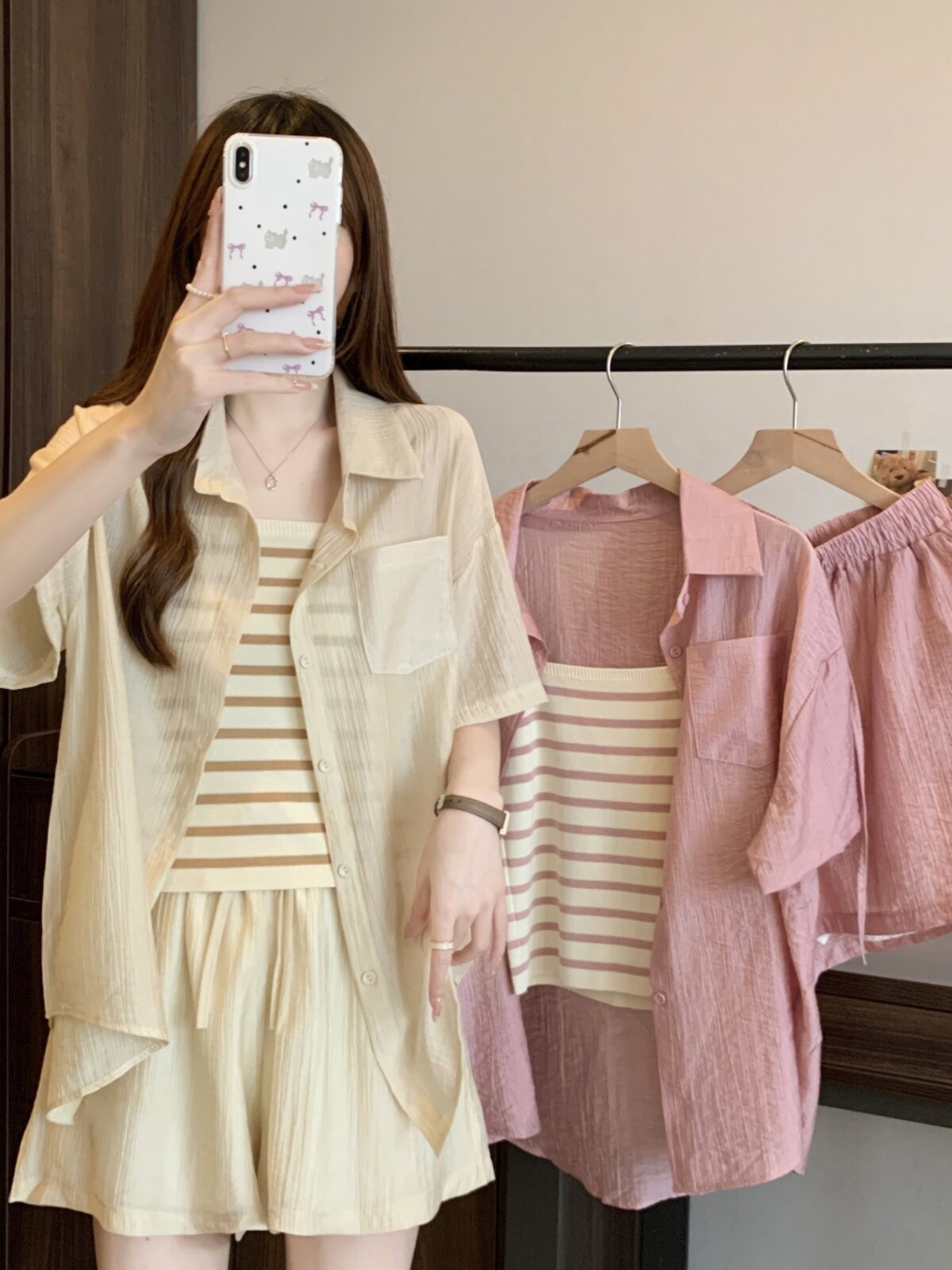 여름 더위 엄마스타일 나들이 수유복 셔츠 상의반바지 밑단 스트라이프 슬링 산후수유 3종세트