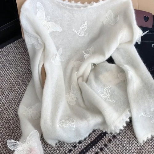 蕾丝花边蝴蝶刺绣针织衫女秋上衣