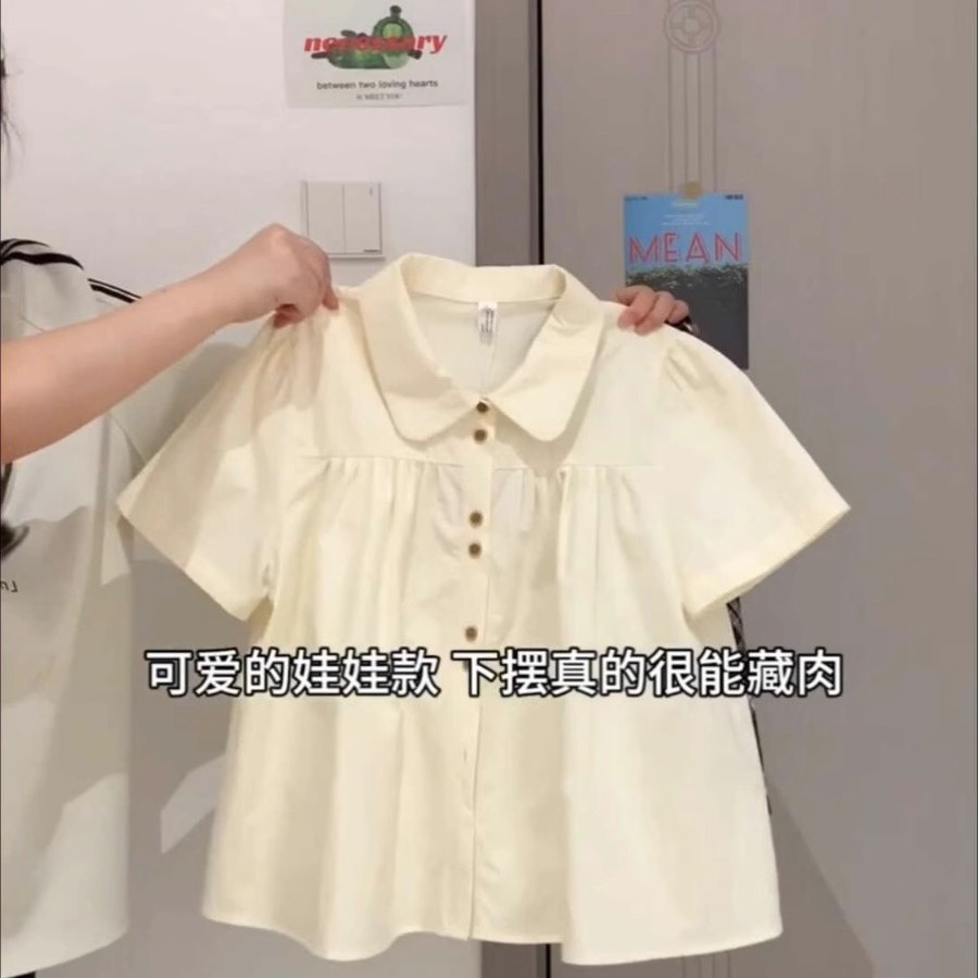 Polo领短袖衬衫女夏泡泡袖衫衬衣
