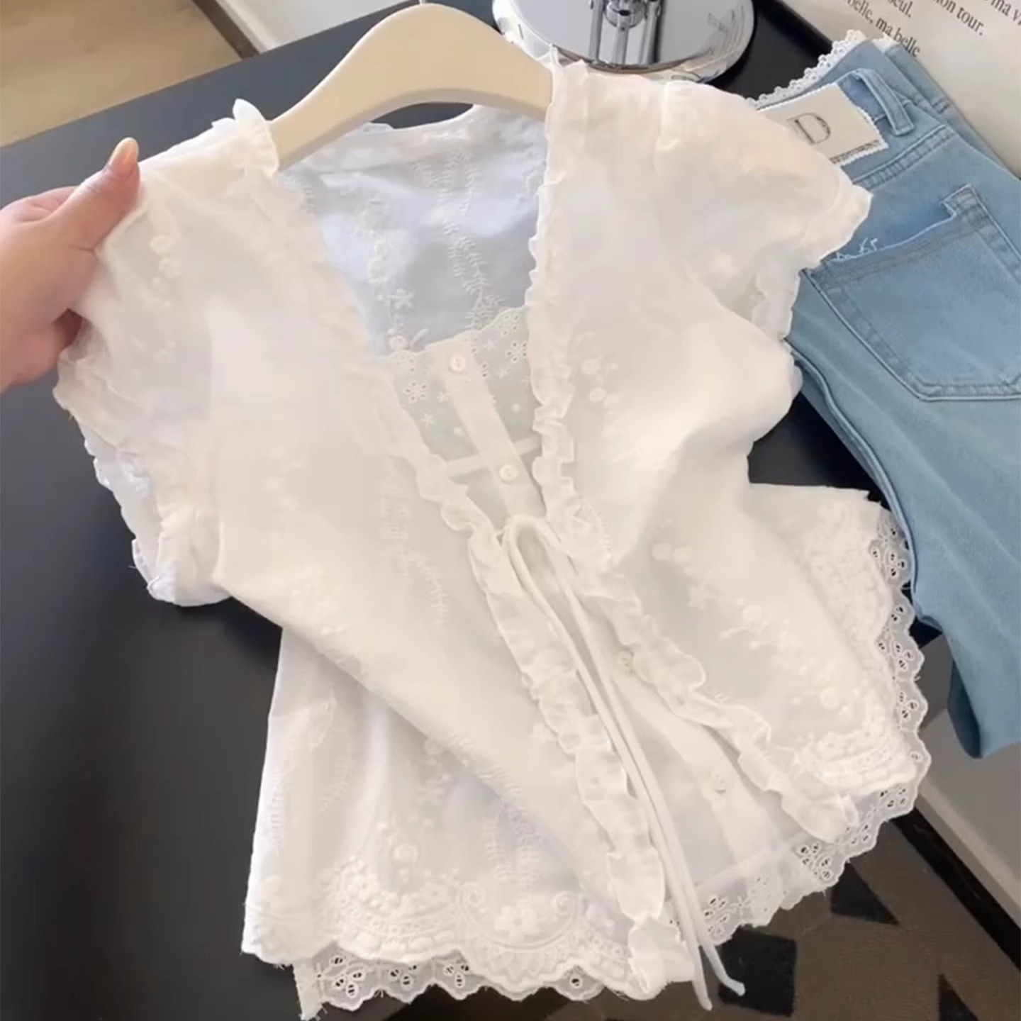 刺绣假两件衬衫上衣女夏小衫衬衣