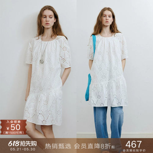 popchrio镂空刺绣纯棉短袖连衣裙