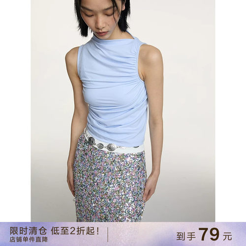 popchrio无袖褶皱小高领背心