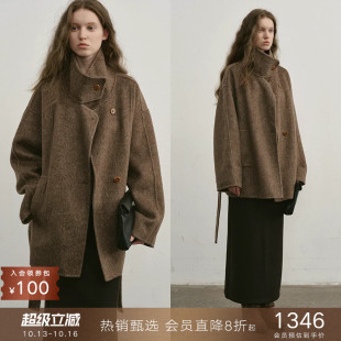 popchrio◆复古设计感立领含驼绒收腰双面毛呢大衣短款羊毛外套女