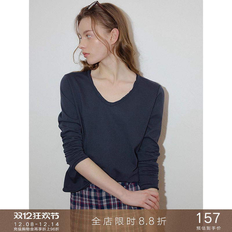 popchrio雪花棉v领基础长袖T恤