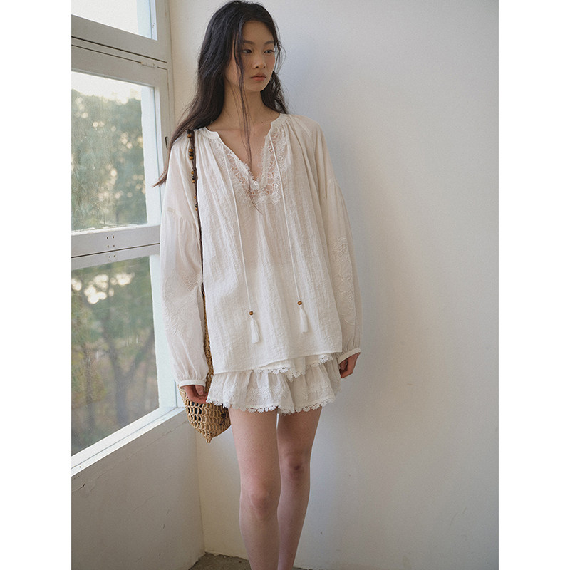 02/05新品 v领蕾丝拼接泡泡长袖衬衫白色衬衣a字蛋糕蓬蓬裙裤套装,女装/女士精品,衬衫,淘宝优惠券,粉丝福利购,淘宝优惠卷