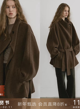 popchrio◆羊绒蚕丝混纺松弛感低腰羊毛双面呢大衣毛呢短外套女冬