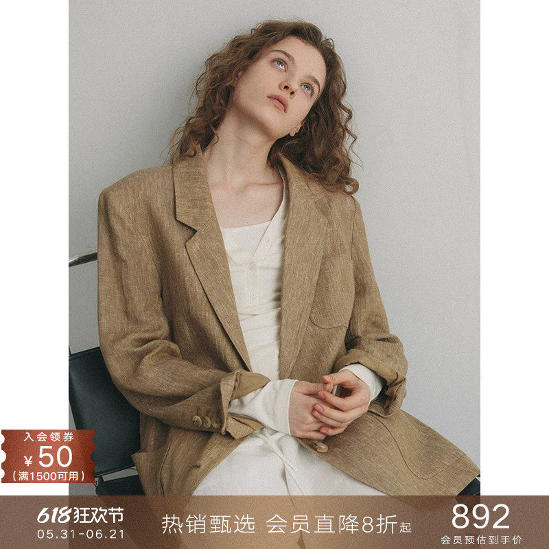 popchrio◆亚麻复古休闲廓形小西装外套高级感小个子西服上衣女春
