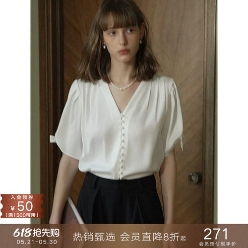 popchrio法式V领泡泡短袖衬衫
