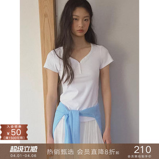 T恤宽松休闲叠穿上衣打底衫 女夏 设计感心形v领棉短袖 popchrio