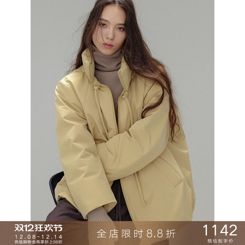 popchrio立领抽褶廓形羽绒服