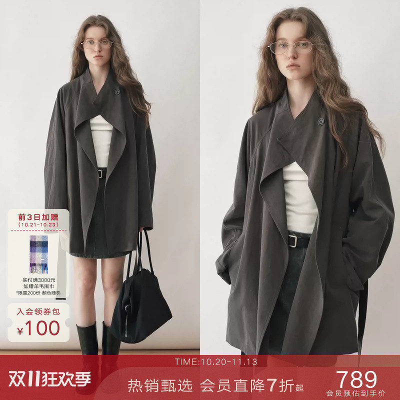 popchrio◆莱赛尔麻混纺洗褪松弛感宽松立领风衣小个子短款外套女