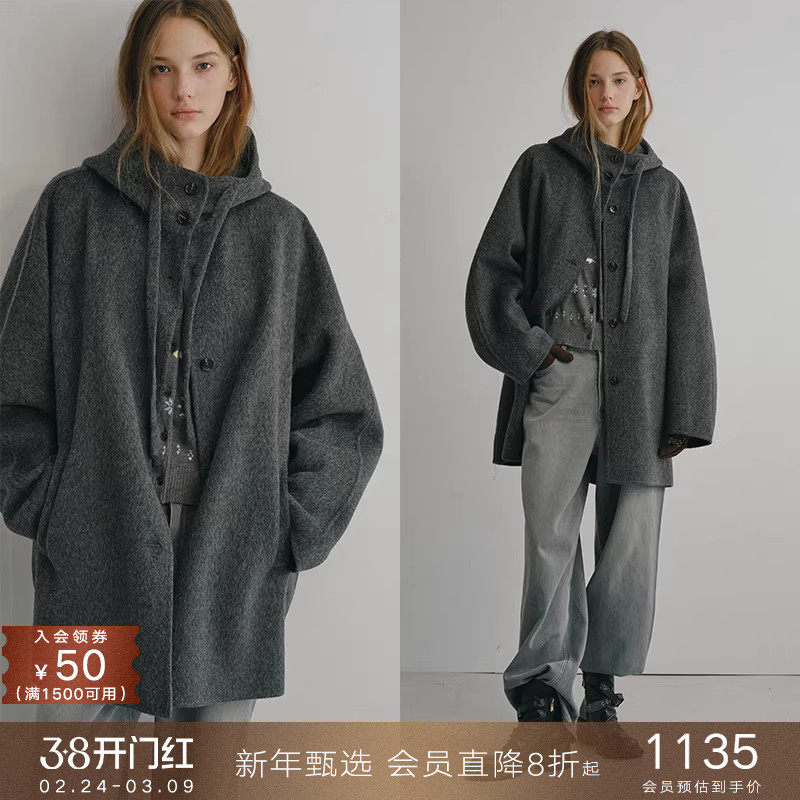 popchrio◆慵懒风高支羊毛连帽双面呢外套小个子短款斗篷毛呢大衣