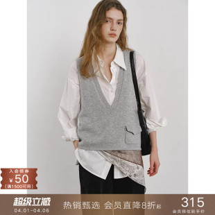 popchrio 马甲女 100羊毛松弛感V领针织背心内搭叠穿毛衣马夹无袖