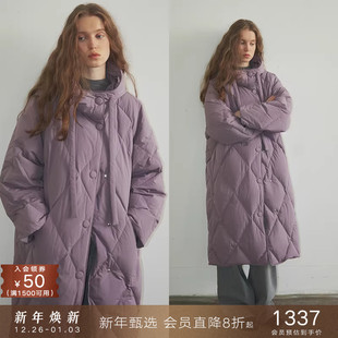 popchrio 过膝加厚保暖外套女冬 防泼防油菱格廓形连帽羽绒服长款