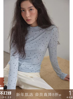 popchrio◆莱赛尔亲肤波点半高领长袖T恤复古修身显瘦内搭上衣女