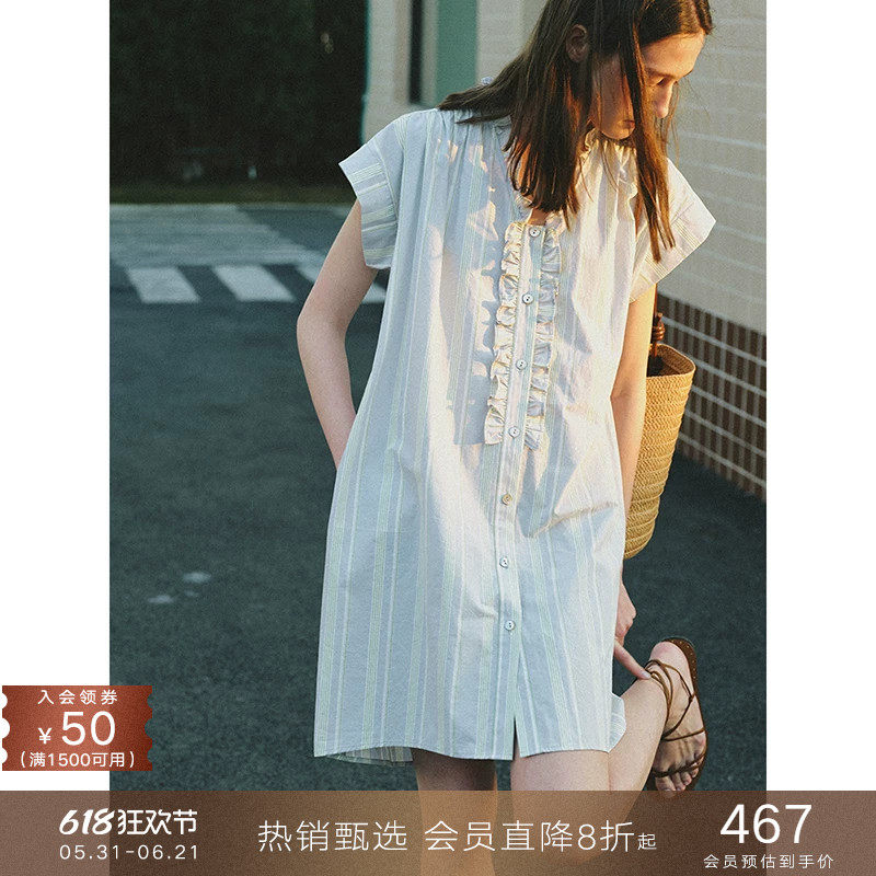 popchrio◆度假风v领小飞短袖纯棉条纹连衣裙宽松木耳边衬衫裙子