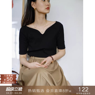 popchrio 半短袖 上衣纯色纯棉T恤打底衫 女 洋气海鸥V领一字肩修身