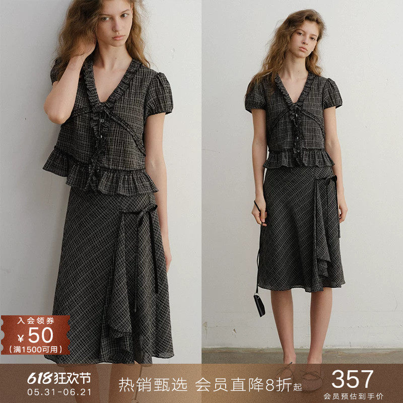 popchrio◆法式v领泡泡短袖格子衬衫收腰短款衬衣A字半裙套装女夏
