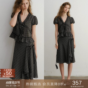 popchrio◆法式v领泡泡短袖格子衬衫收腰短款衬衣A字半裙套装女夏