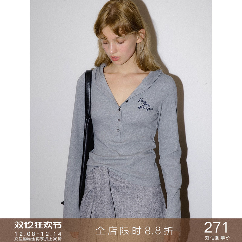 popchrio撞色刺绣亨利领连帽T恤