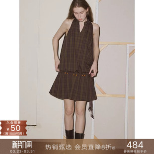 popchrio 吊带V领背心连衣裙宽松收腰花苞裙子 复古格子挂脖无袖