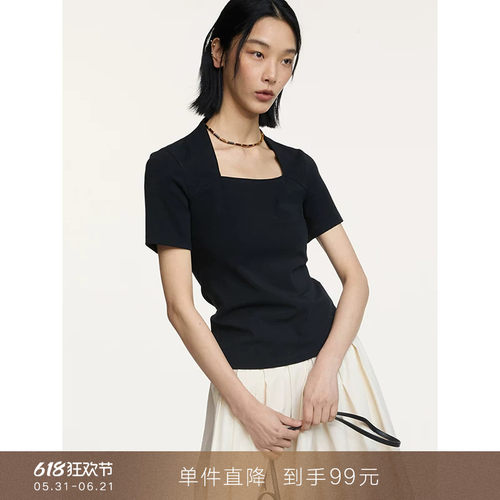 popchrio法式挂肩方领短袖T恤