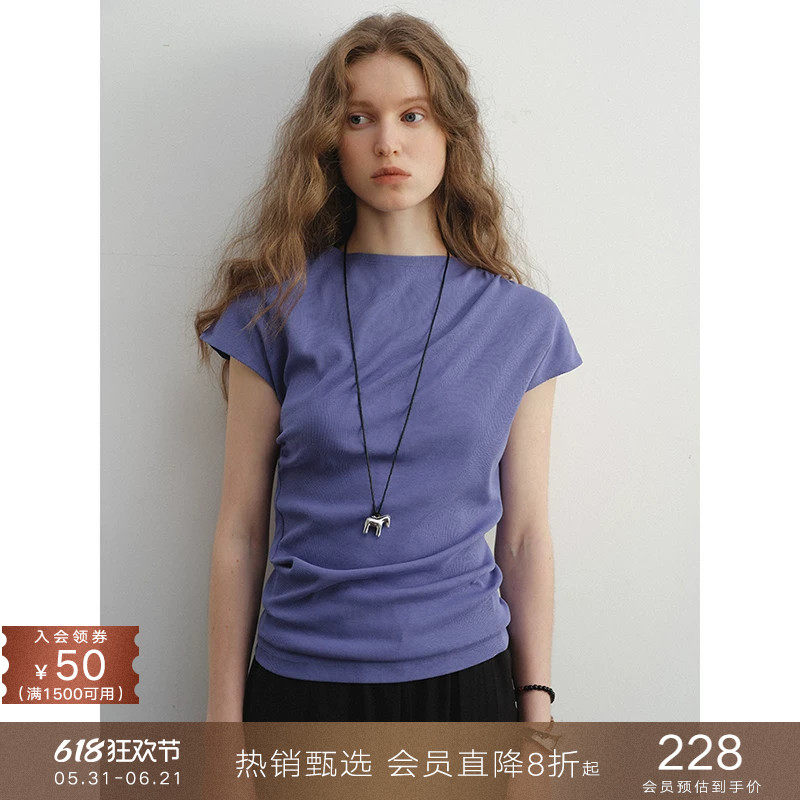 popchrio◆解构设计感小飞短袖T恤抽褶收腰修身棉上衣打底衫女夏
