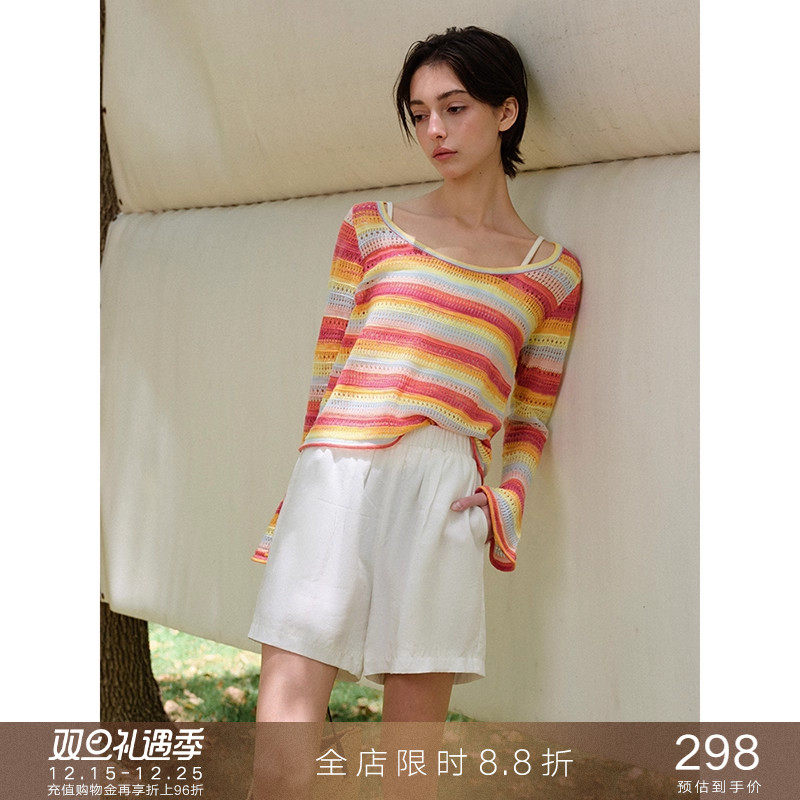 popchrio撞色条纹喇叭针织衫