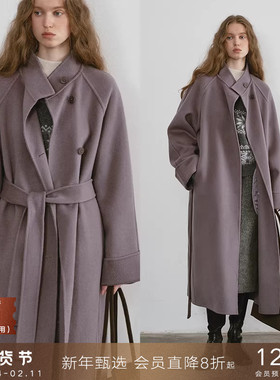 popchrio◆80支立领双面呢羊毛呢子大衣廓形长款红色加厚外套女冬