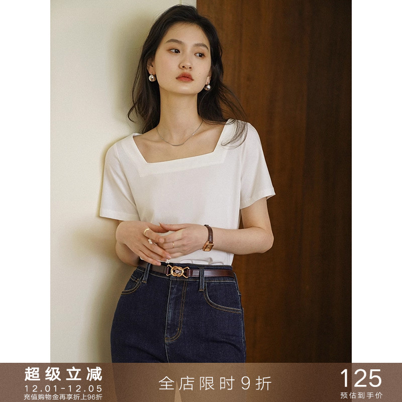 popchrio复古方领短袖锁骨上衣