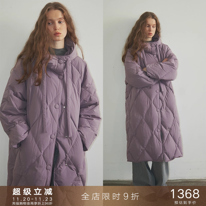 popchrio抽绳菱格连帽羽绒服