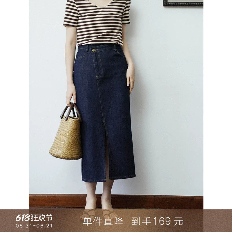 【到手169元】复古不规则设计感斜门襟牛仔半裙高腰开叉半身裙子