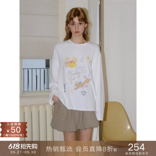 popchrio手绘印花圆领长袖T恤