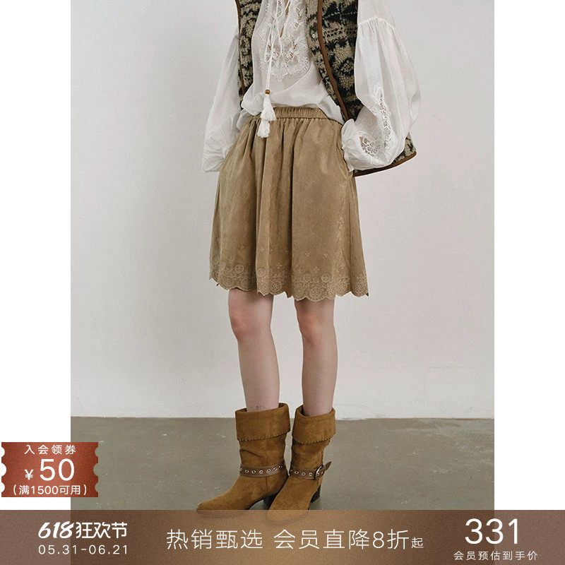 popchrio◆复古刺绣麂皮绒半身裙小个子甜美高腰短款a字伞裙子女