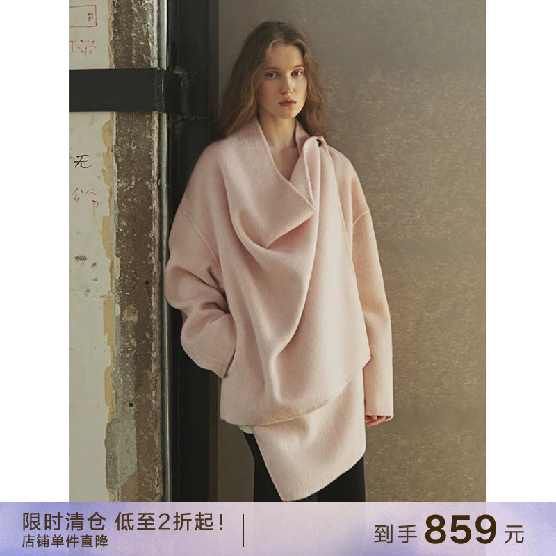 popchrio山羊绒羊毛混纺荡领大衣图片