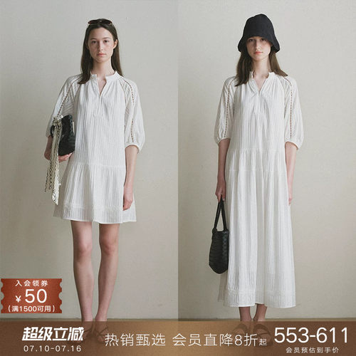 popchrio镂空蕾丝泡泡袖连衣裙
