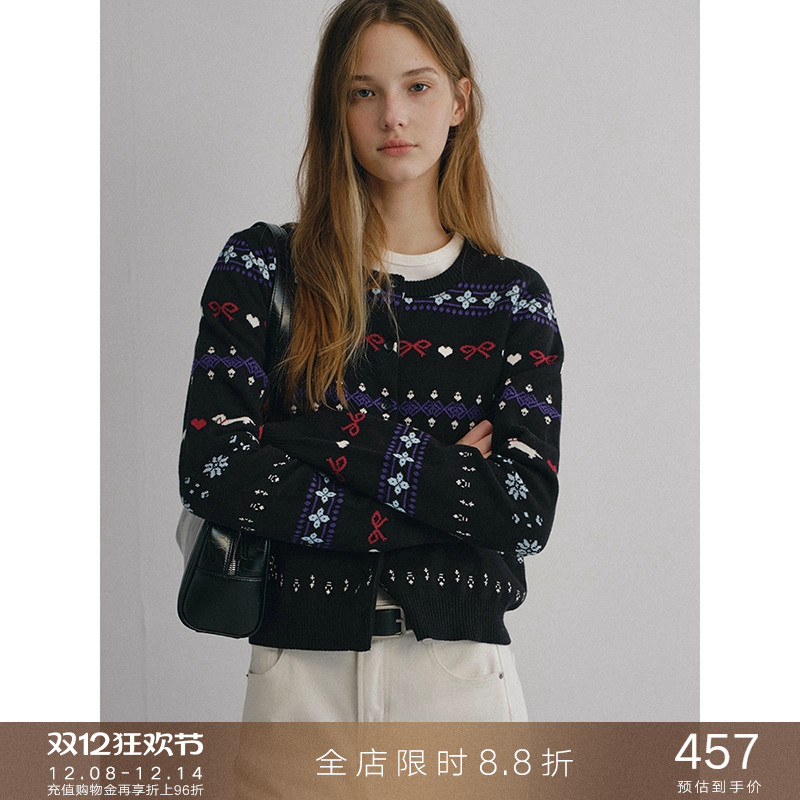 popchrio羊绒费尔岛提花开衫