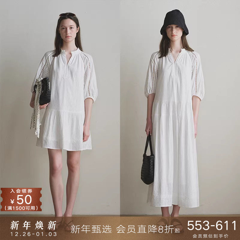 popchrio◆别致镂空蕾丝泡泡半中袖连衣裙度假风白色中长短裙子女