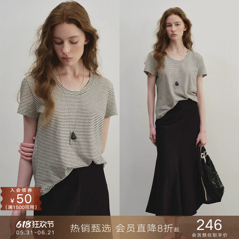 popchrio◆老钱感亚麻混纺慵懒风U领条纹短袖T恤宽松上衣打底衫女