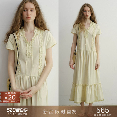 popchrio木耳边收腰短袖连衣裙