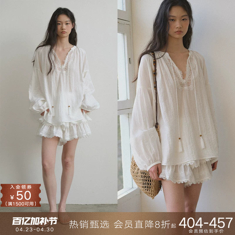 popchrio◆v领蕾丝拼接泡泡长袖衬衫白色衬衣a字蛋糕蓬蓬裙裤套装