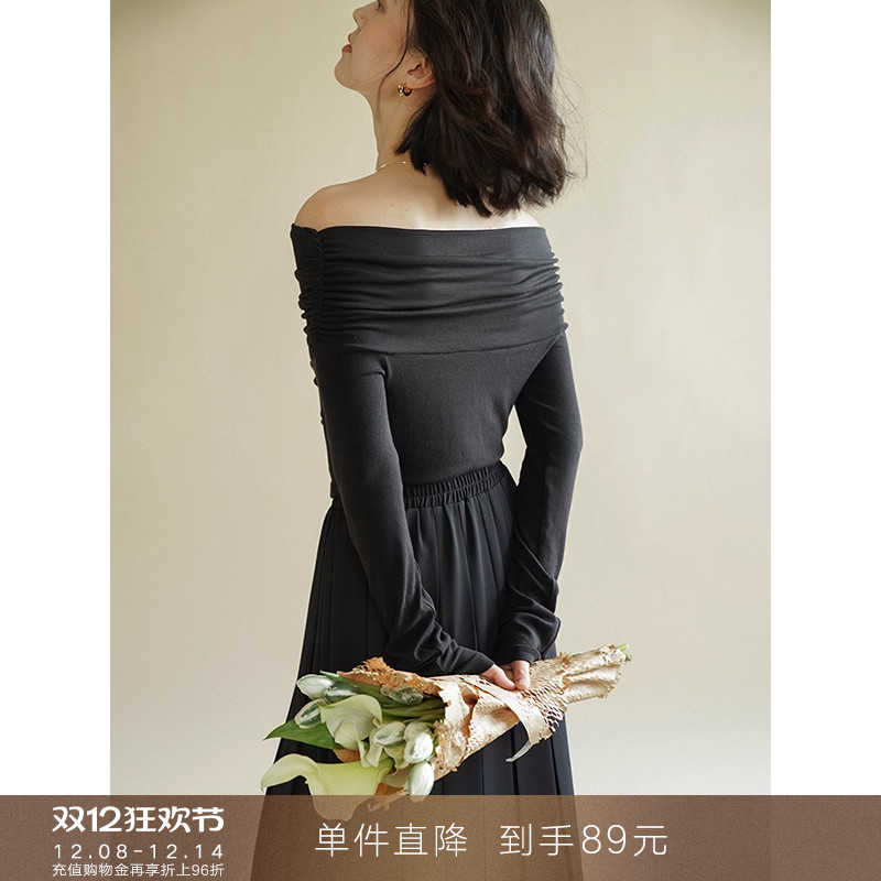 popchrio一字领露肩修身长袖T恤